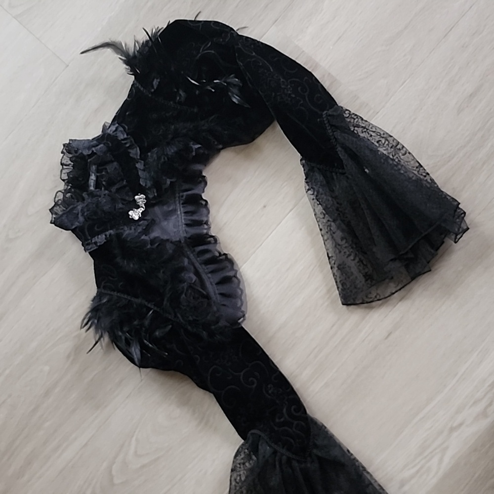 Black Lace & Velvet Feather Fur Bolero Edwardian Pirate Jacket NWOT Size Medium